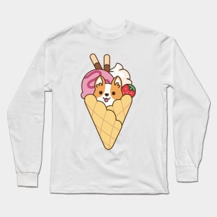 Cute Corgi in the Waffle with Strawberry Ice Cream & Chocolate Stick Long Sleeve T-Shirt